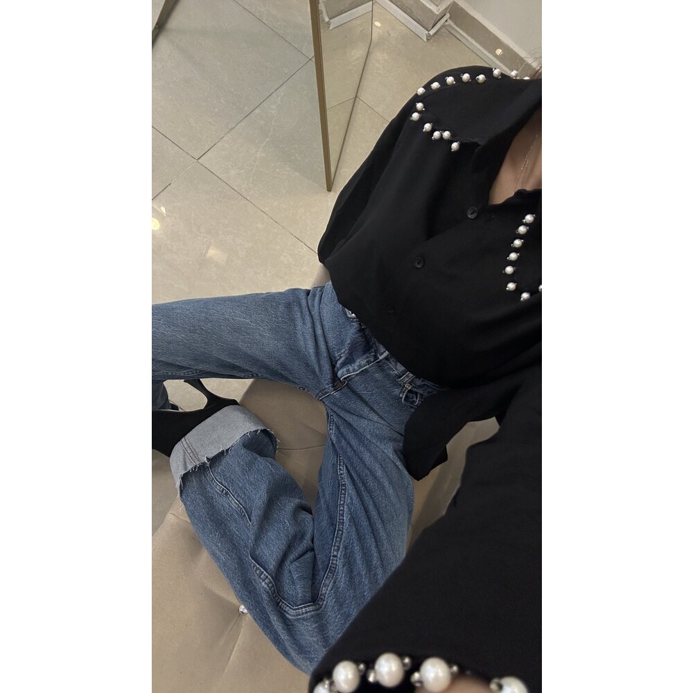 İnci Taş İşlemeli Oversize Poplin Gömlek