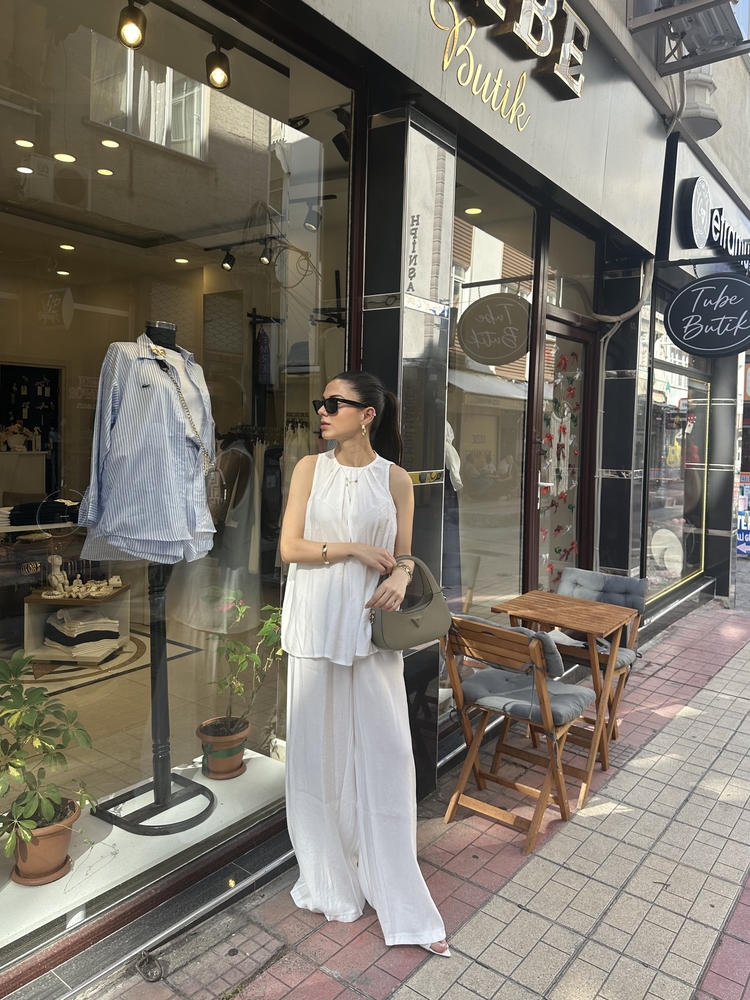 Premium Tencel Kumaş Halter Yaka Beyaz Takım