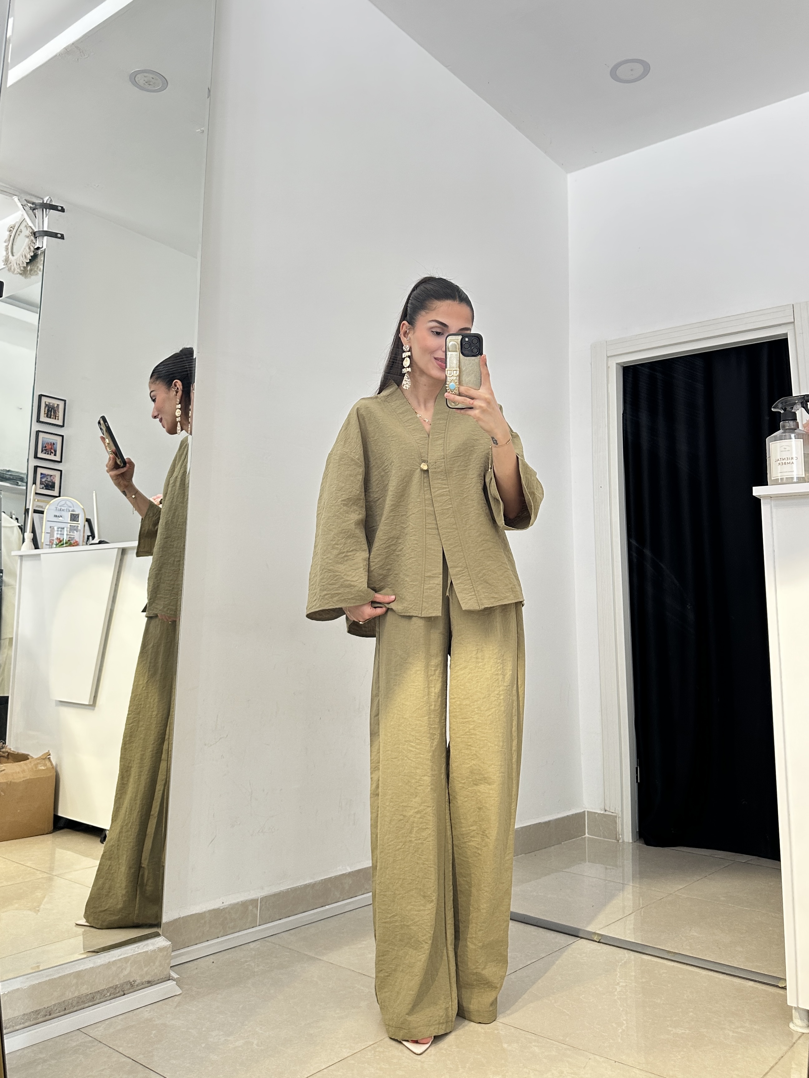 Ham Keten Dokulu Gold Düğmeli Kimono Takım