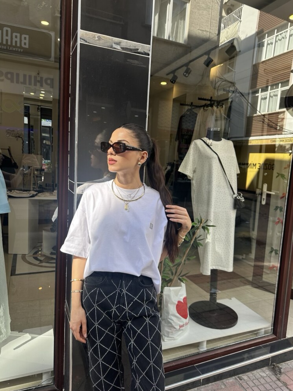 Nakış Logolu Oversize Unisex Beyaz T-shirt