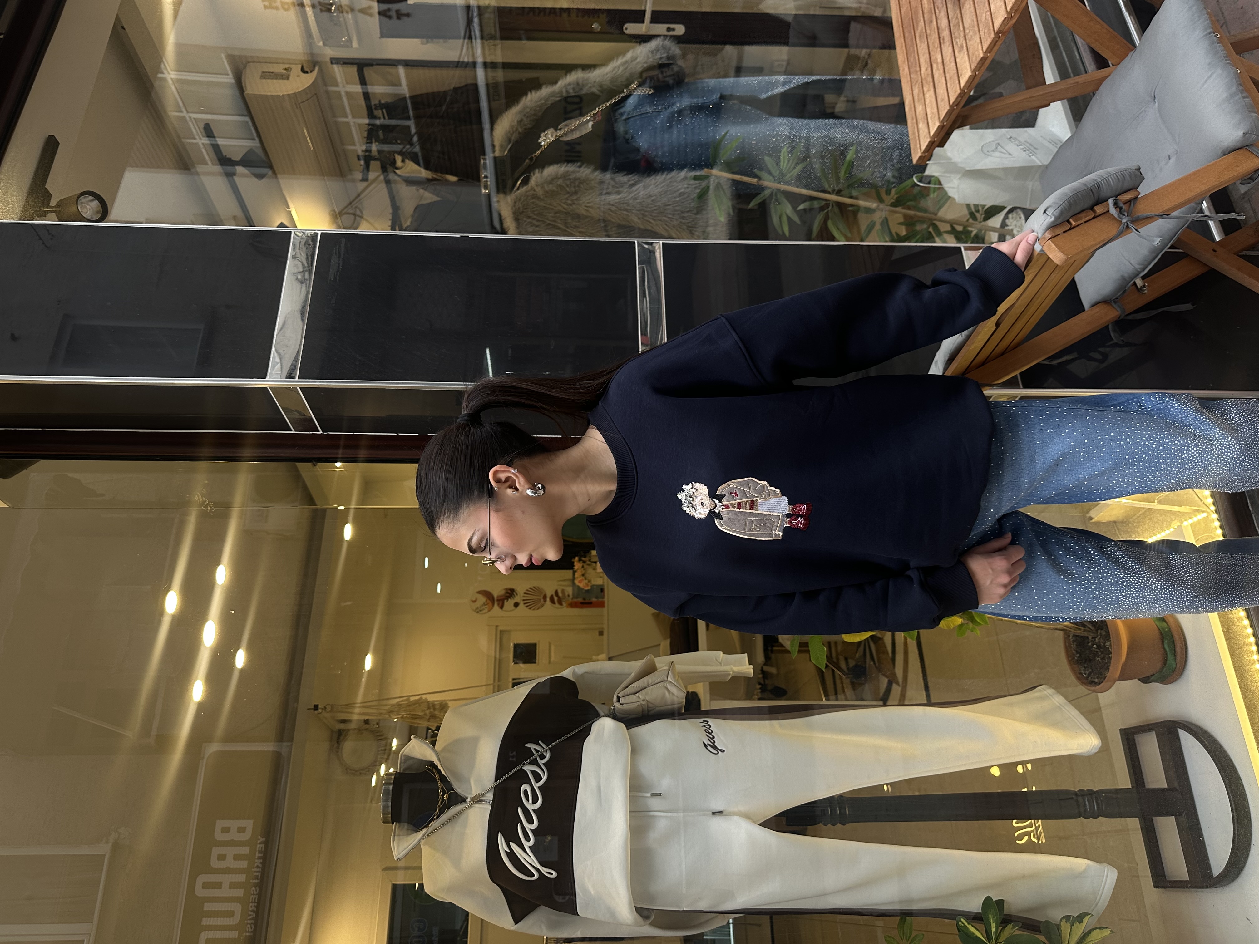 Bymn Etiketli Ayıcık Nakışlı Lacivert Şardonlu Sweatshirt