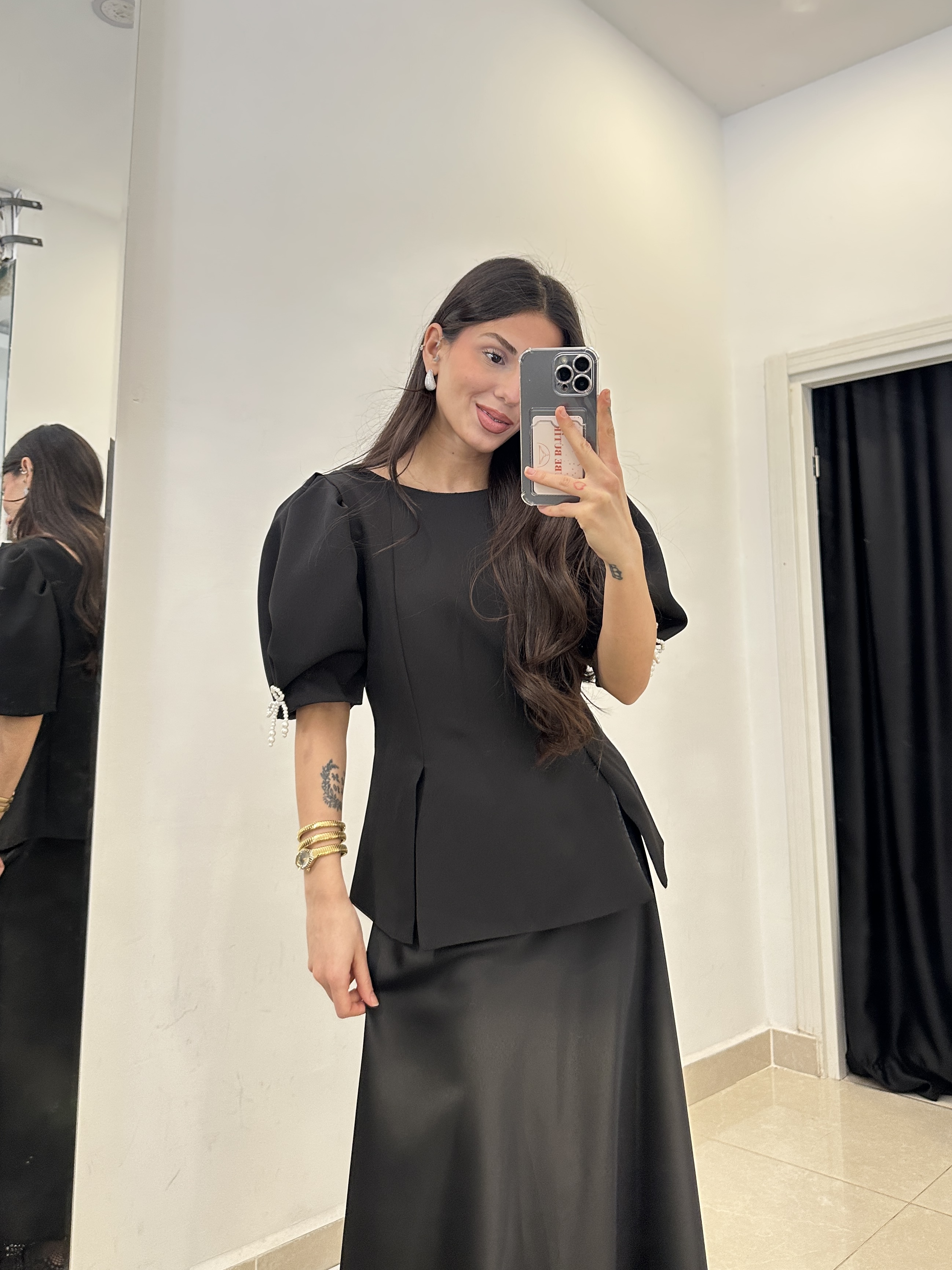 Premium Balon Kol İncili Siyah Bluz